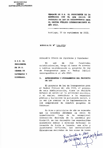 Mensaje Presidencial y Articulado Proyecto de Ley de Presupuestos 2023