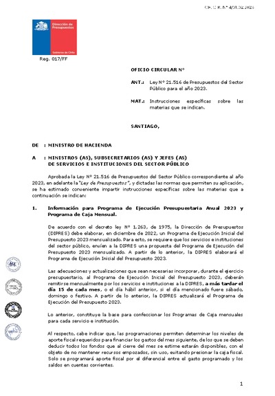 Oficio Circular 04 Instrucciones específicas  para Ley de Presupuestos del Sector Público 2023