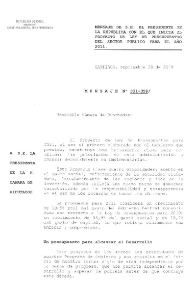 Mensaje Presidencial Presupuesto 2011 Mensaje Presidencial Presupuesto 2011