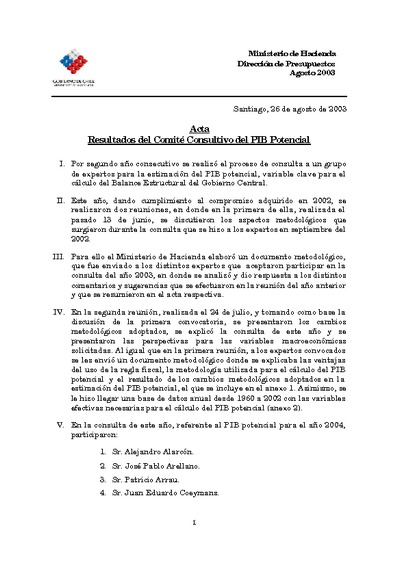 Acta Comité Consultivo PIB Tendencial 2007 Acta Comité Consultivo PIB Tendencial 2007