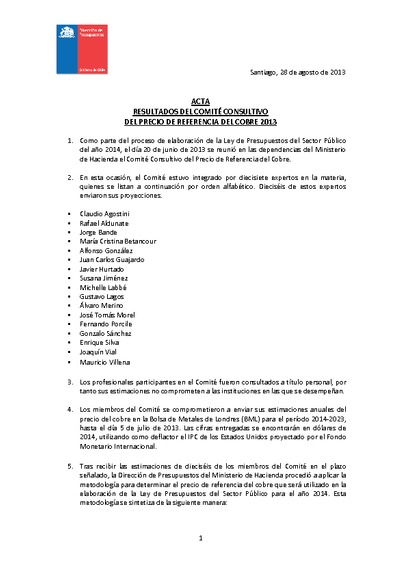 Acta Comité Consultivo Precio del Cobre 2013 Acta Comité Consultivo Precio del Cobre 2013