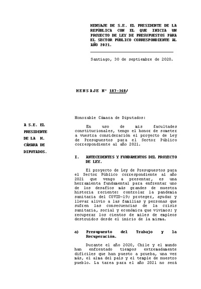 Mensaje Presidencial y Articulado Proyecto de Ley de Presupuestos 2021