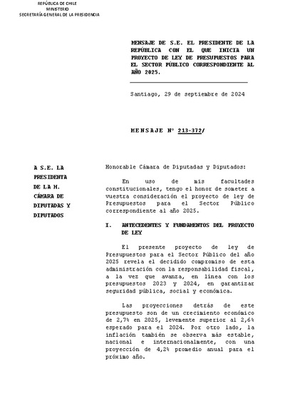 Mensaje Presidencial y Articulado Proyecto de Ley de Presupuestos 2025 Mensaje Presidencial y Articulado Proyecto de Ley de Presupuestos 2025
