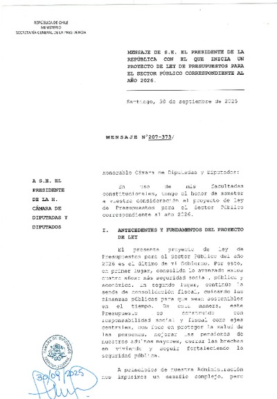 Mensaje Presidencial y Articulado Proyecto de Ley de Presupuestos 2026