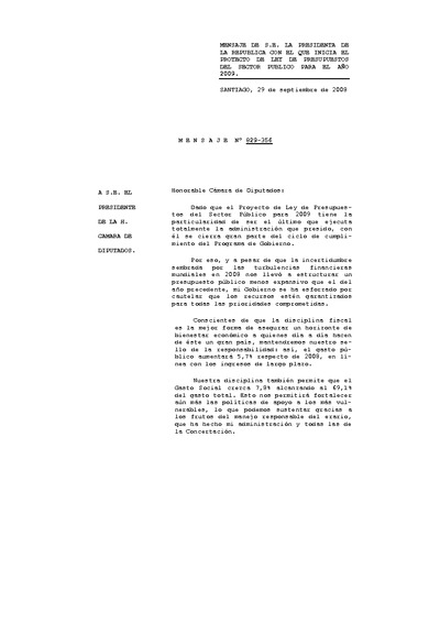 Presupuesto 2009: Mensaje Presidencial Presupuesto 2009: Mensaje Presidencial