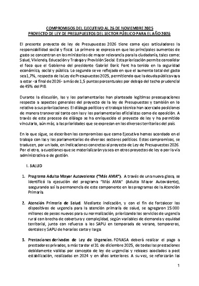 Compromisos del Ejecutivo - Ley de Presupuestos del Sector Público para el año 2026