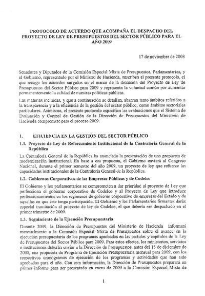 Protocolo de Acuerdo Ley de Presupuestos del Sector Público año 2009 Protocolo de Acuerdo Ley de Presupuestos del Sector Público año 2009