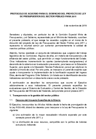 Protocolo de Acuerdo Ley de Presupuestos del Sector Público año 2011 Protocolo de Acuerdo Ley de Presupuestos del Sector Público año 2011